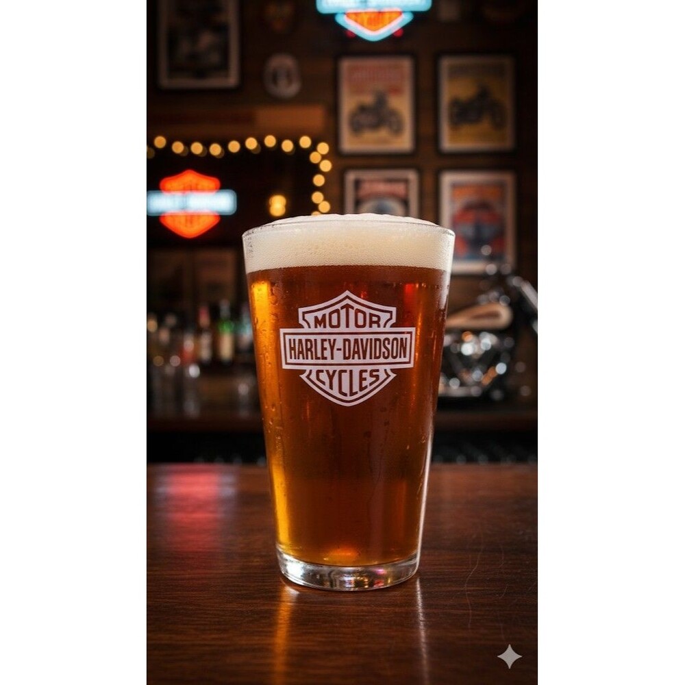 Harley Davidson Motorcycles Etched Clear 16 Oz  Beer/Drinking Glass